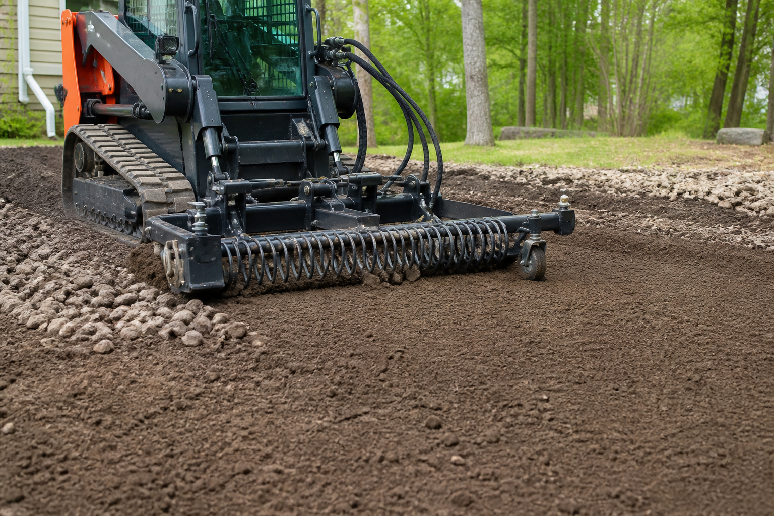 Harley rake conditioning topsoil and separating small surface stones