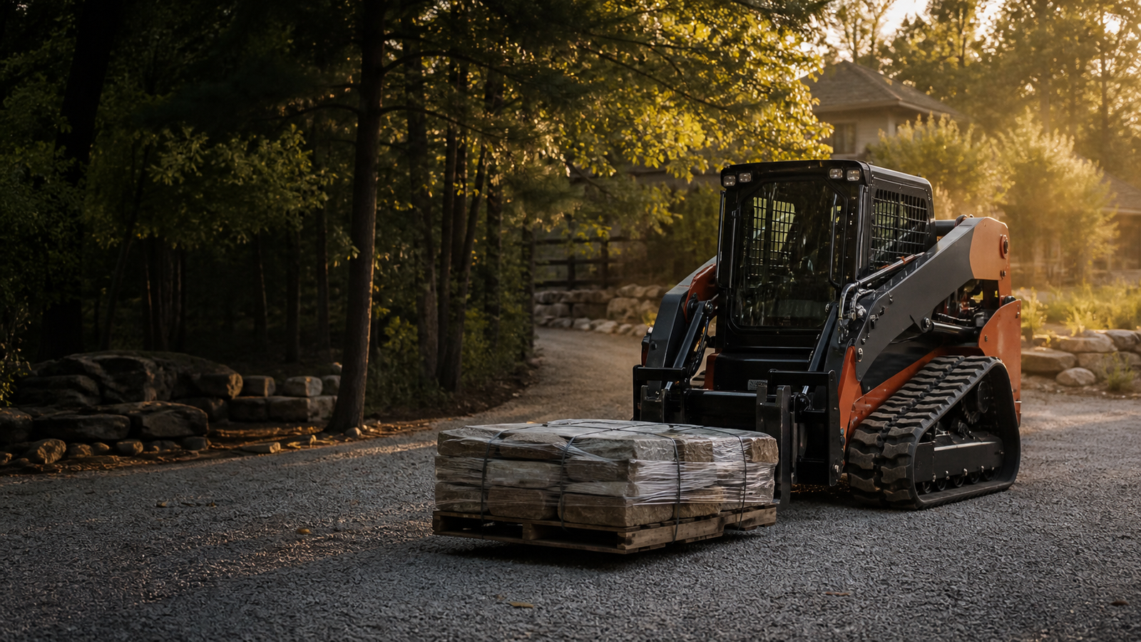 Compact track loader with pallet forks moving a pallet of landscape stone