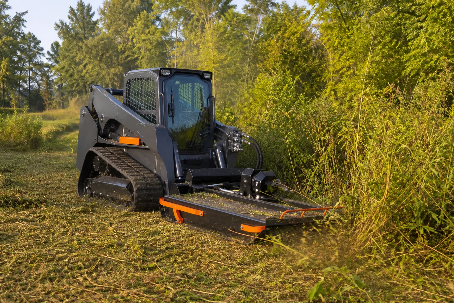 Compact track loader using a rotary brush cutter to clear tall grass and light brush