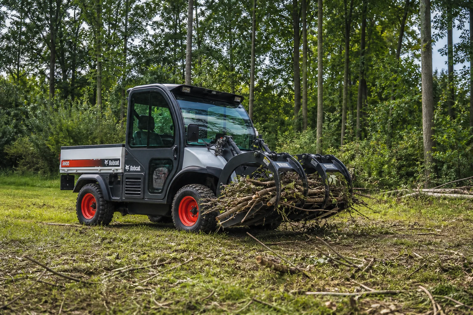 Toolcat 5600 using a grapple to collect brush and ordinary property debris